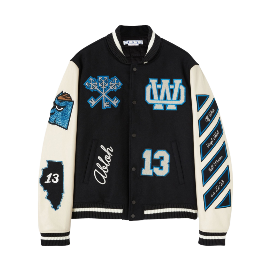오프화이트 로고 패치 바시티 자켓 블랙 피콕(Off-White Logo Patch Varsity Jacket Black Peacock)