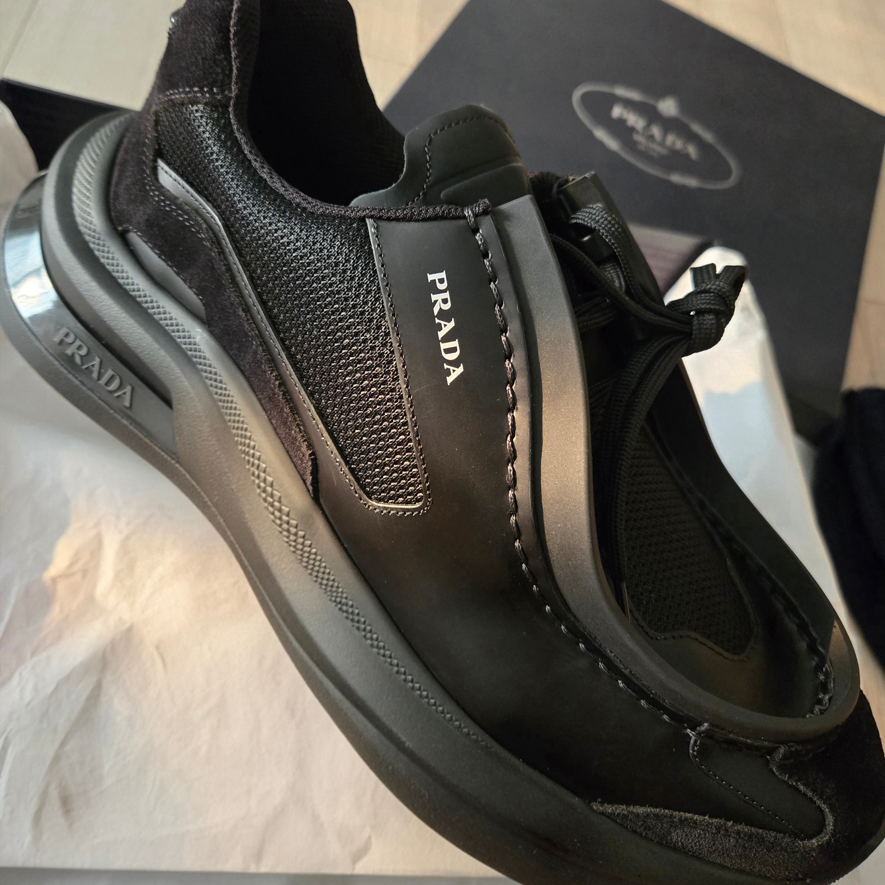 Prada Brushed Leather Sneakers with Bike Fabric and Suede Elements Black 착용 스타일