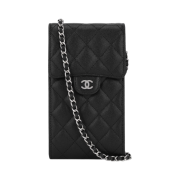 Chanel Phone Holder with Chain Grained Calfskin & Silver Black