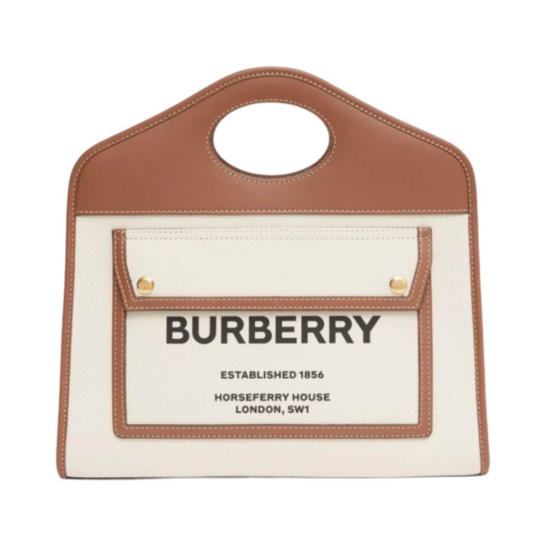 버버리 스몰 투톤 캔버스 레더 포켓 토트백 내츄럴 몰트 브라운(Burberry Small Two-Tone Canvas and Leather Pocket Tote Bag Natural Malt Brown) - 1