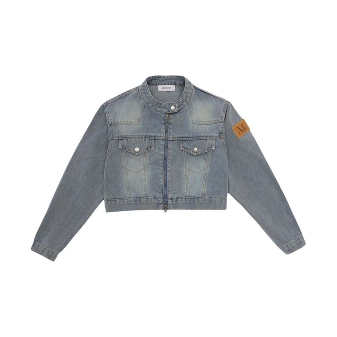 P00000RA_LB MUCENT Enue Crop Biker Denim Jacket Light Blue