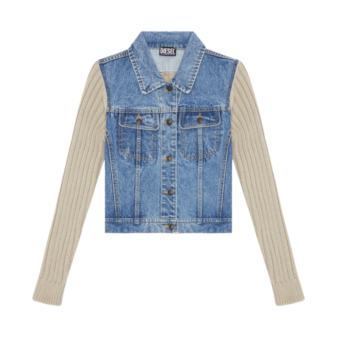 (W) 디젤 M-잇지 니트 데님 트러커 자켓 미디엄 블루((W) Diesel M-Itzee Knit and Denim Trucker Jacket Medium Blue) - 1