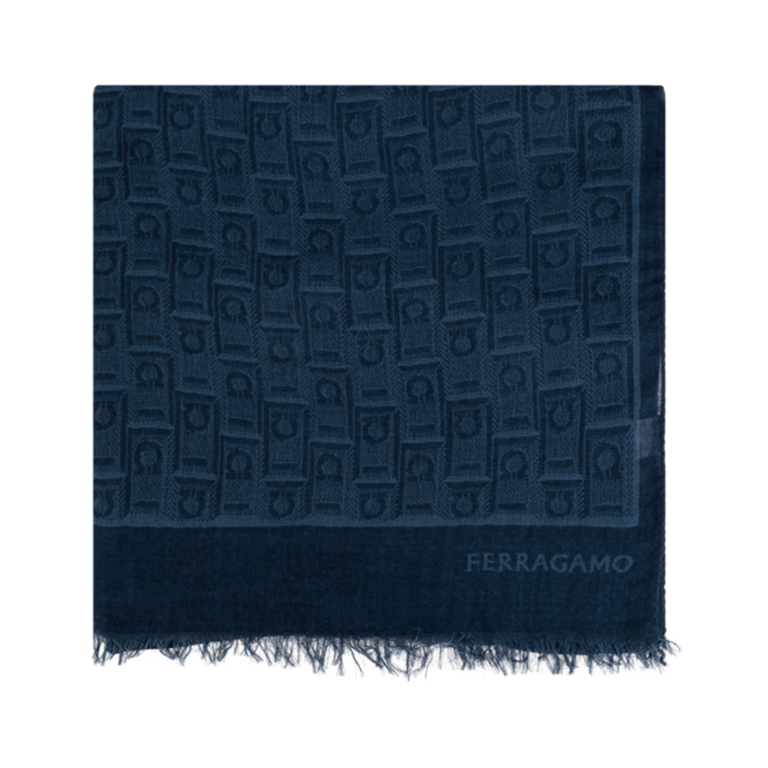 520118-776122 Ferragamo Gancini Monogram Print Stall Scarf Navy Blue
