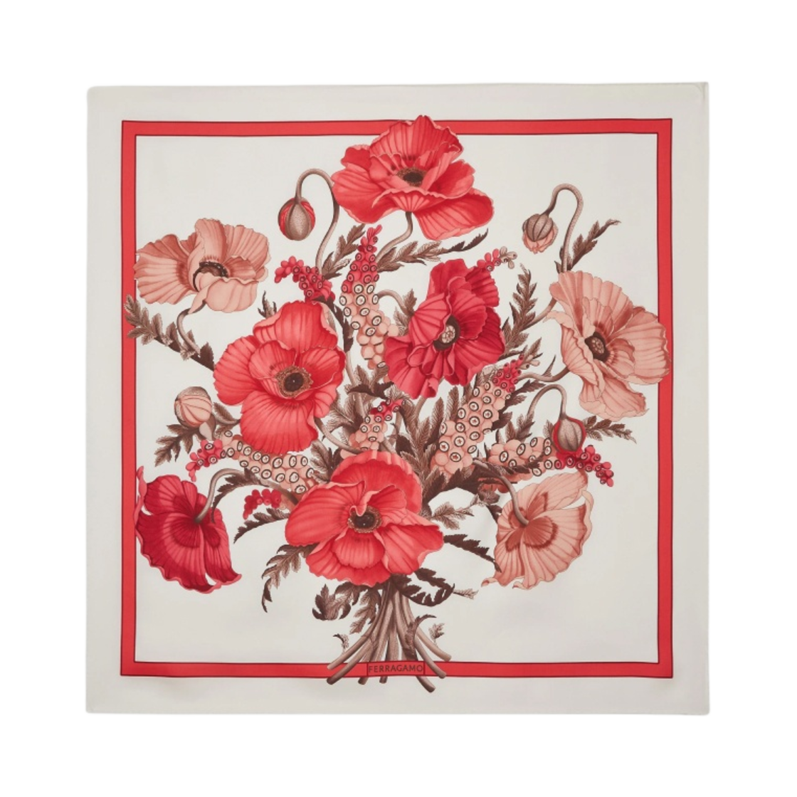 310158-771387 (W) Ferragamo Poppies Print Silk Foulard Ivory Pink