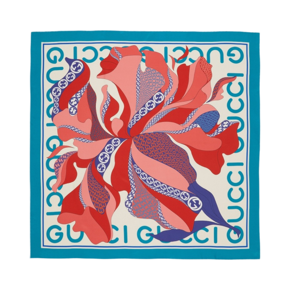 (W) 구찌 맥시 플라워 프린트 실크 스카프 터콰이즈 아이보리 멀티컬러((W) Gucci Maxi Flower Print Silk Scarf Turquoise Ivory Multicolour) - 1