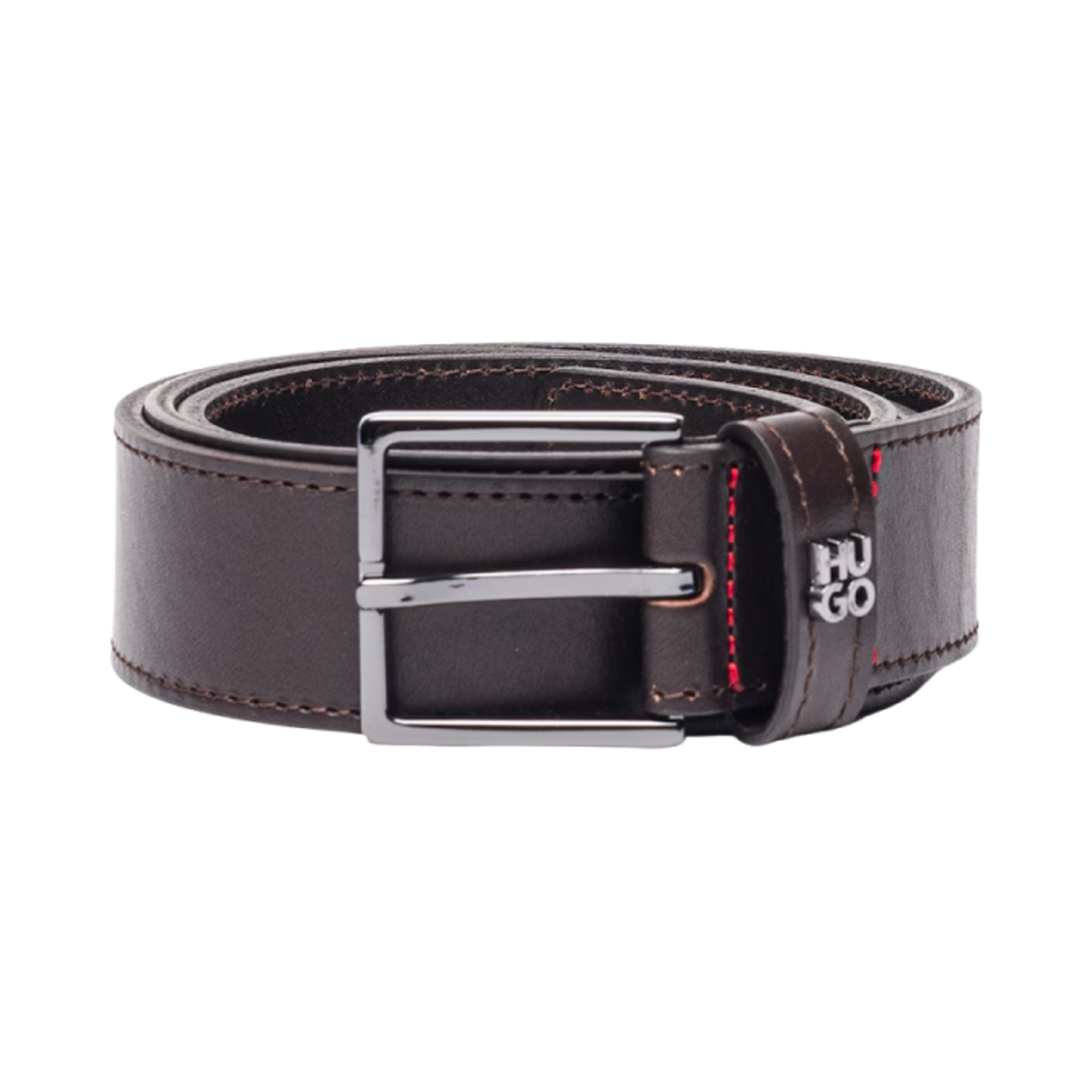 50537026-202 Hugo Boss Leather Belt with Stacked-Logo Keeper and Gunmetal Hardware Dark Brown