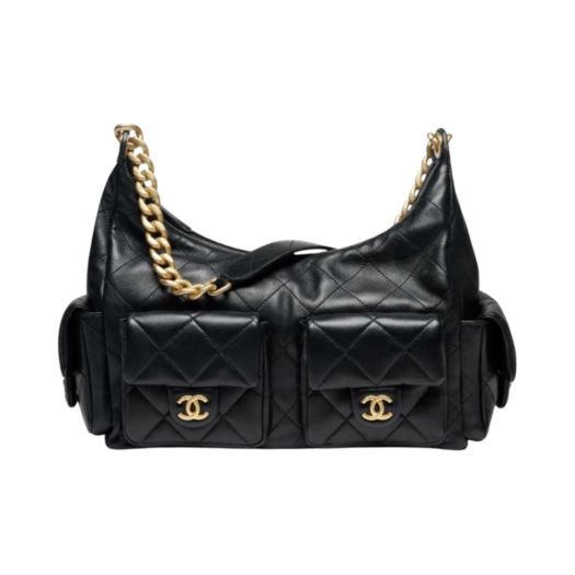 Chanel Maxi Hobo Bag Shiny Lambskin & Gold Black