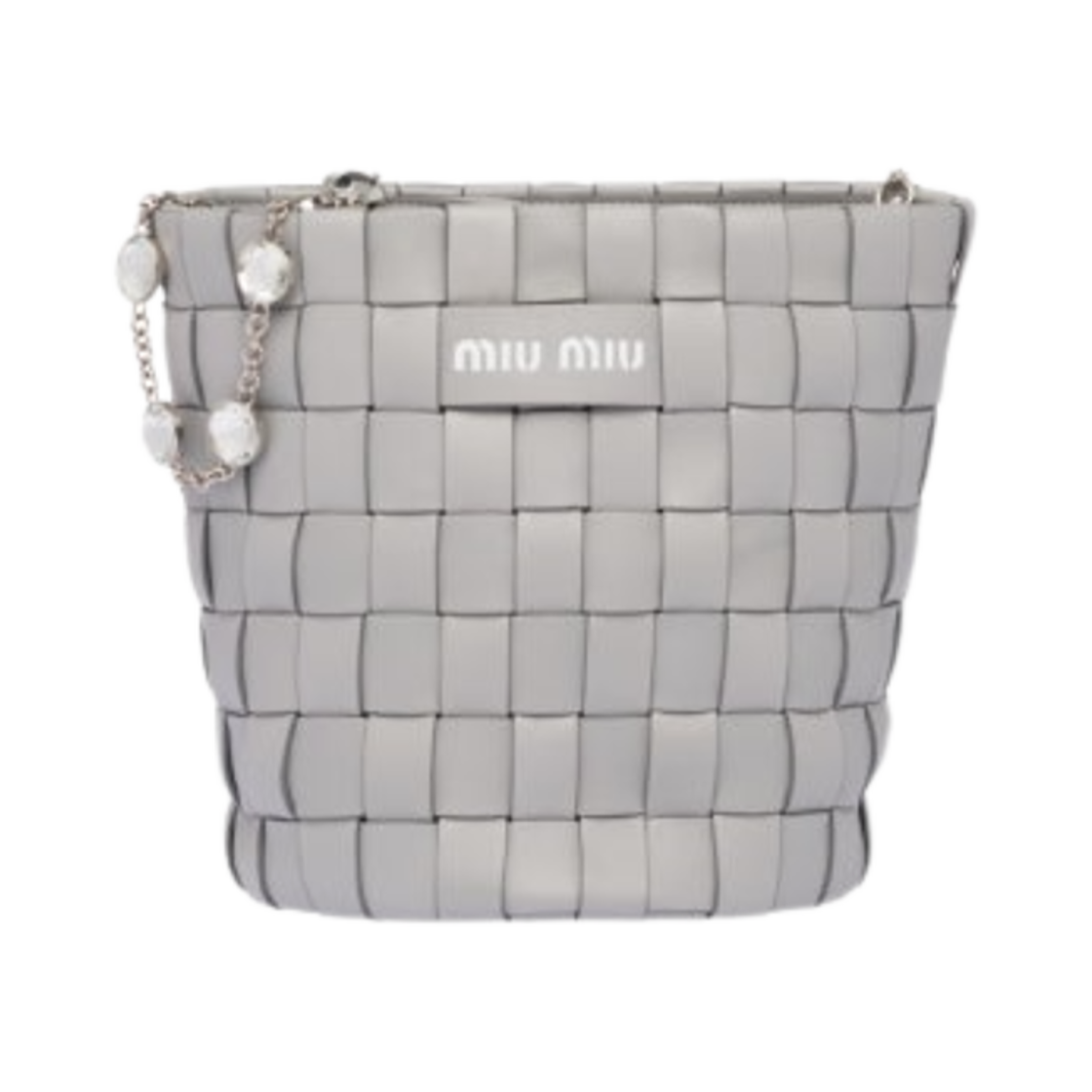 5BE054-2DG7-F0424 Miu Miu Nappa Leather Bucket Bag with Crystal Cloudy Gray