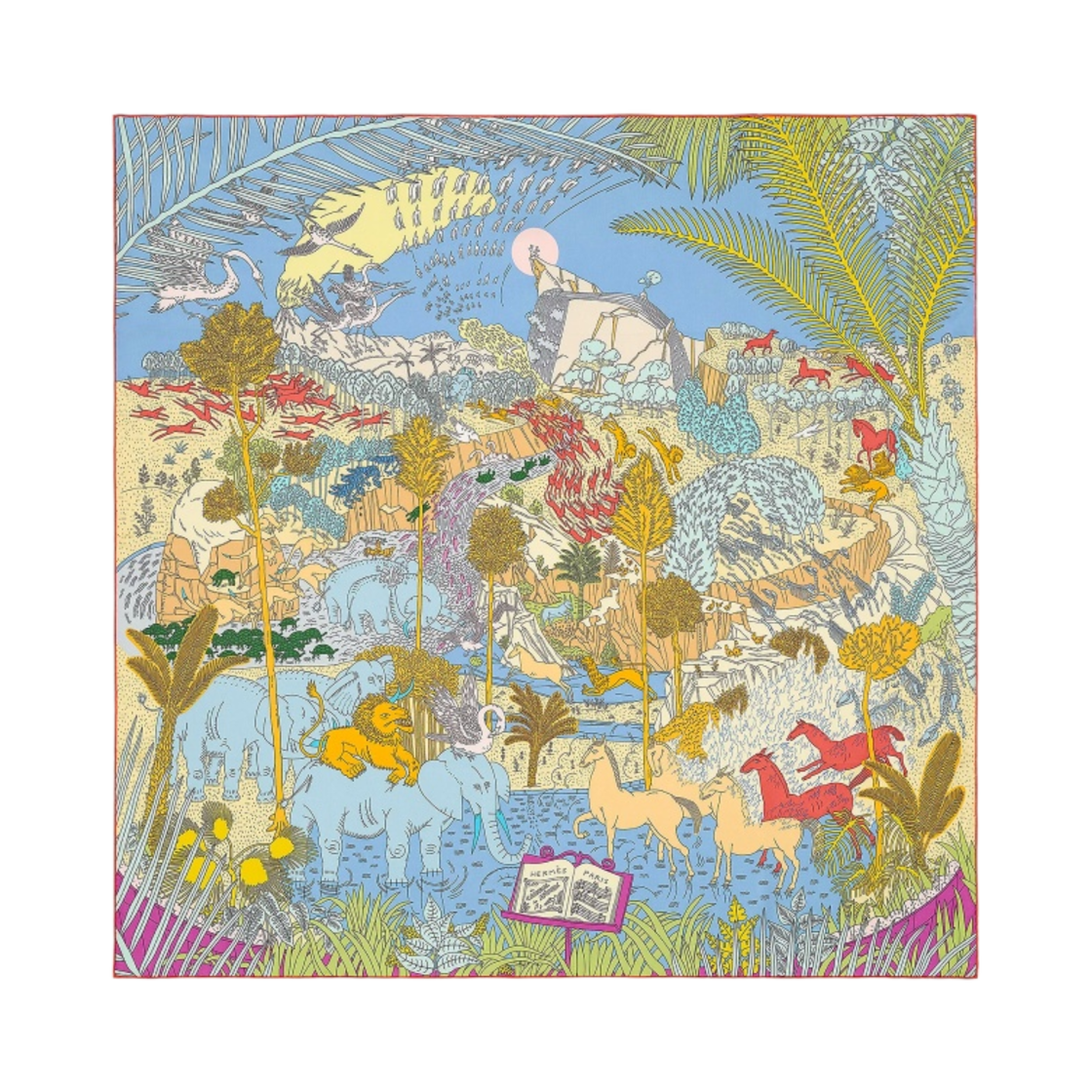 (W) 에르메스 르 카나발 데 아니모 스카프 90 블루 라방드 베르 죤((W) Hermes Le Carnaval des Animaux Scarf 90 Bleu Lavande Vert Jaune) - 1