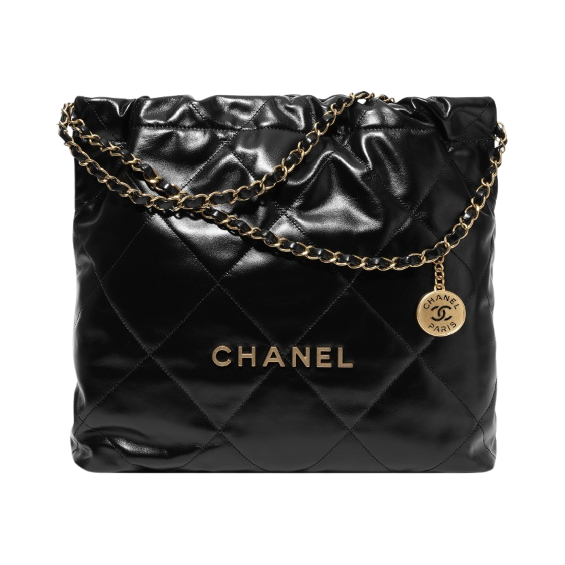 샤넬 22 미디움 핸드백 샤이니 카프스킨 & 골드 메탈 블랙(Chanel 22 Medium Handbag Shiny Calfskin & Gold Black)