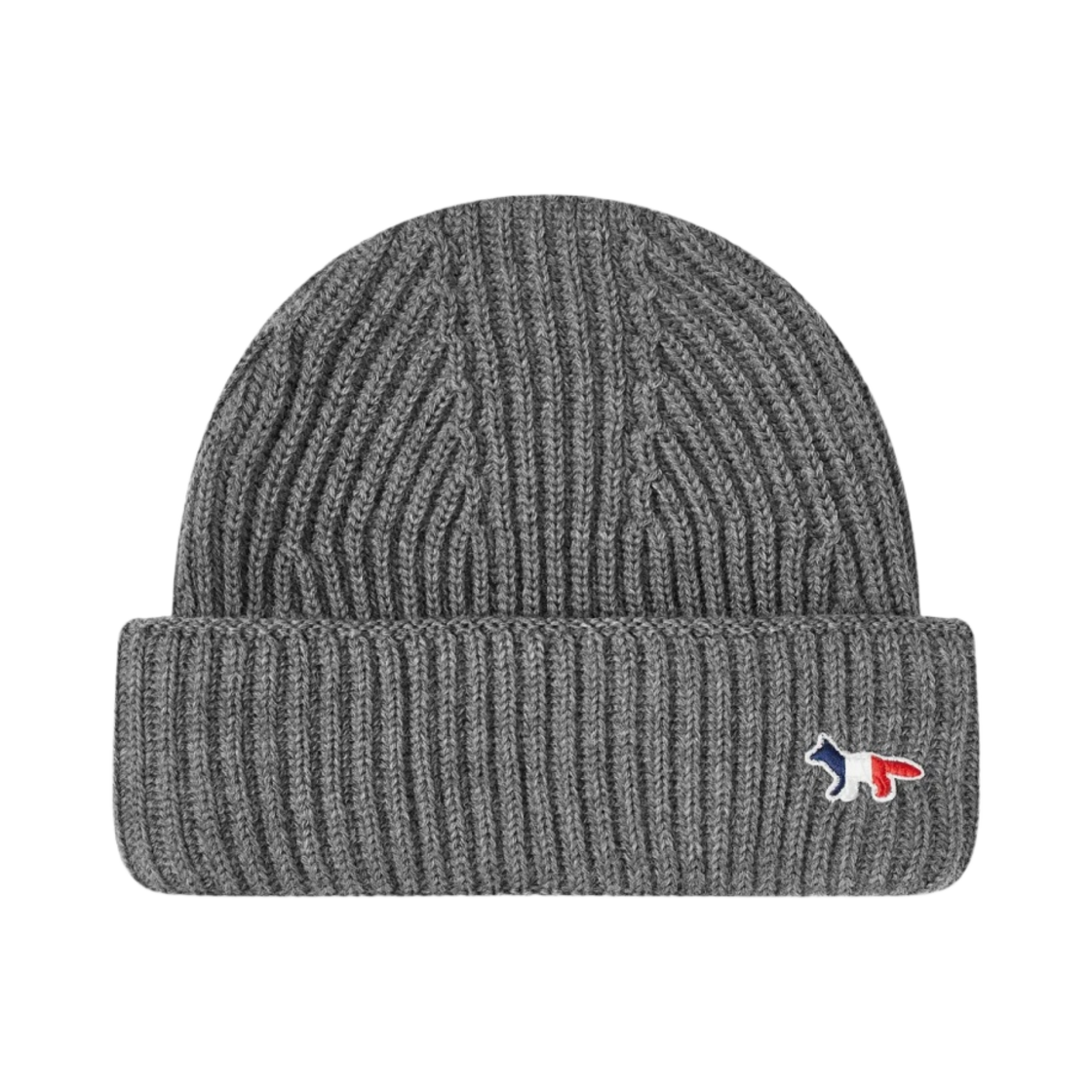 메종 키츠네 트라이컬러 폭스 패치 립드 비니 그레이 멜란지(Maison Kitsune Tricolor Fox Patch Ribbed Beanie Grey Melange)