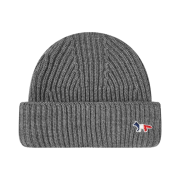 Maison Kitsune Tricolor Fox Patch Ribbed Beanie Grey Melange