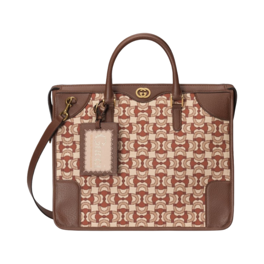 Gucci Interlocking G Horsebit Jacquard Briefcase Beige Dark Red Cotton