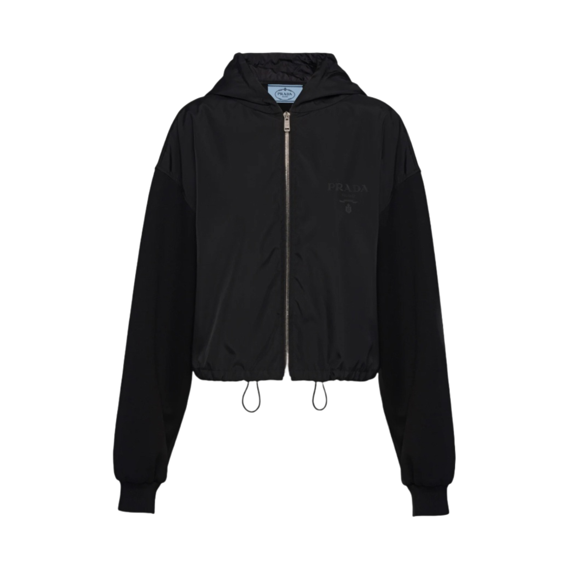 (W) 프라다 크롭 더블 저지 앤 나일론 후드 자켓 블랙((W) Prada Cropped Double Jersey and Nylon Hoodie Jacket Black) - 1