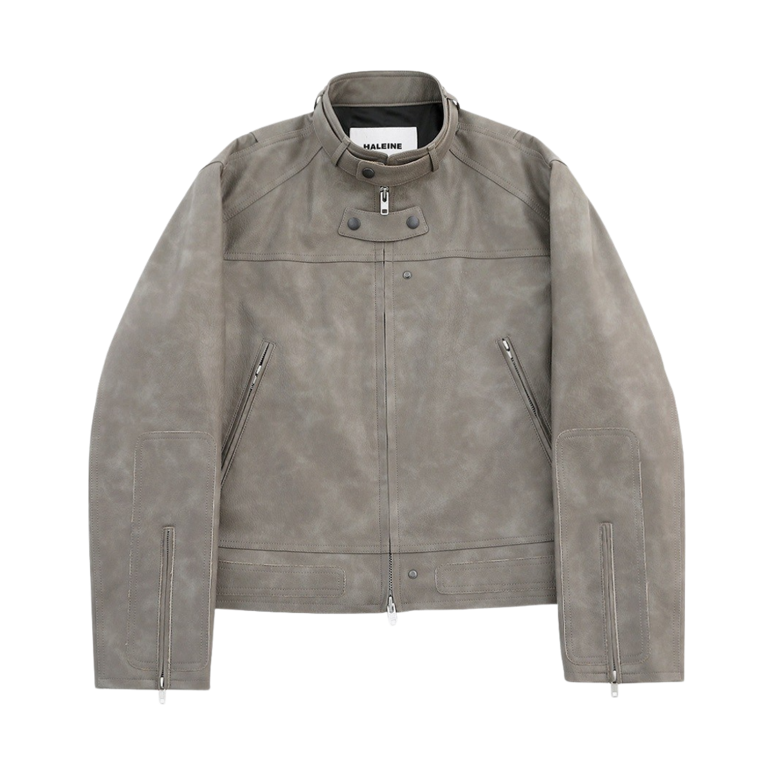 알렌느 벨티드 쓰리디 포우 레더 바이커 자켓 그레이쉬 베이지(Haleine Belted 3D Faux Leather Biker Jacket Greyish Beige)