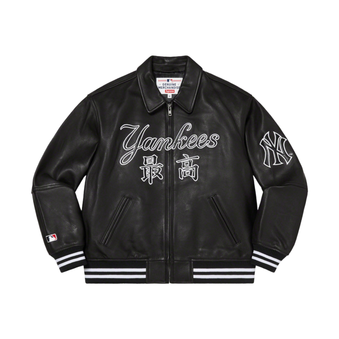 슈프림 x 뉴욕 양키스 간지 레더 바시티 자켓 블랙 - 22FW(Supreme x New York Yankees Kanji Leather Varsity Jacket Black - 22FW)