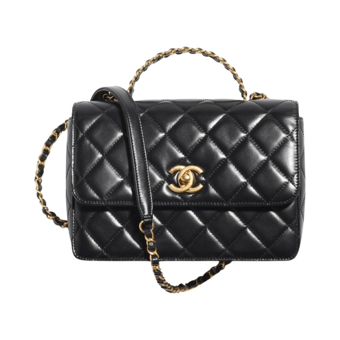 샤넬 핸들 장식의 스몰 플랩백 샤이니 카프스킨 & 골드 메탈 블랙