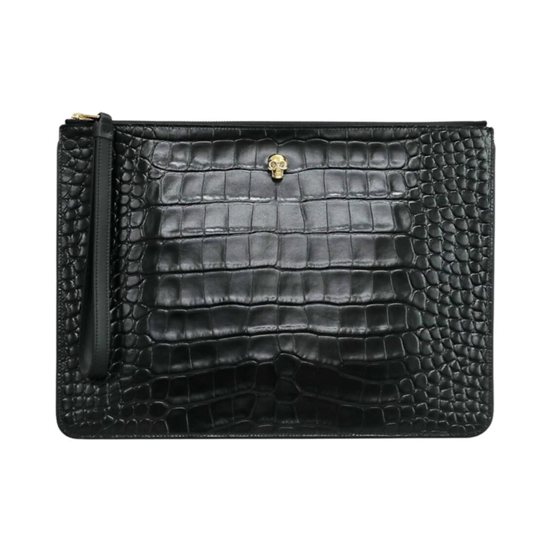 6406631JMIG1000 Alexander McQueen Gold Skull Clutch Black