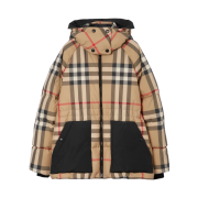 (W) Burberry Detachable Hood Check Puffer Jacket Archive Beige