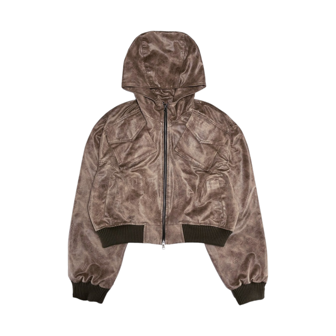 5588375 Full of Ssun Hood Cargo Crop Leather Jacket Brown