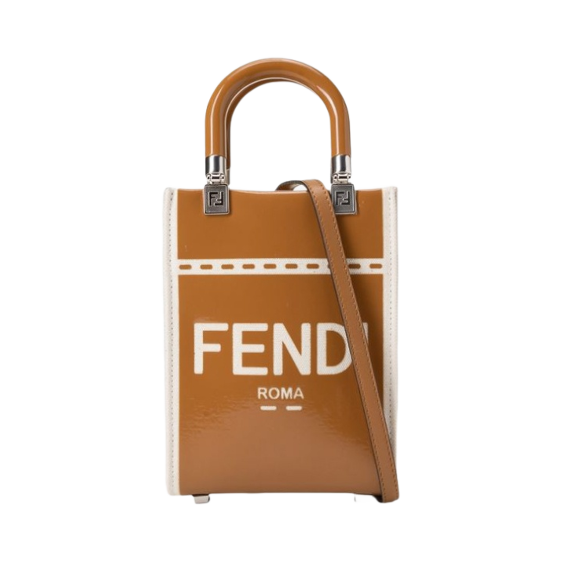 펜디 미니 선샤인 쇼퍼 페이턴트 레더 캔버스 백 브라운