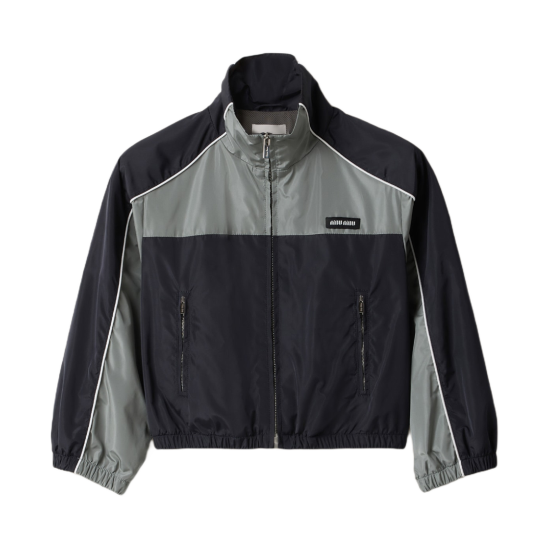 ML1209-163P-F097B (W) Miu Miu Technical Silk Zipper Blouson Jacket Blue Lead Grey