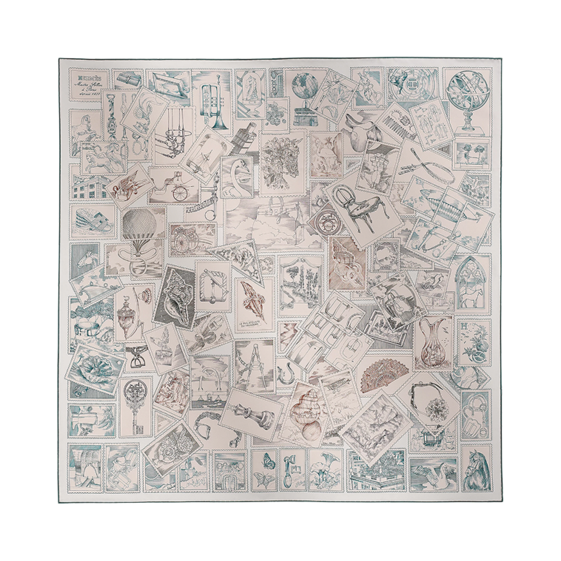 H004205S10 (W) Hermes Le Philateliste Du Faubourg Scarf 90 Rose Pale Gris Blanc