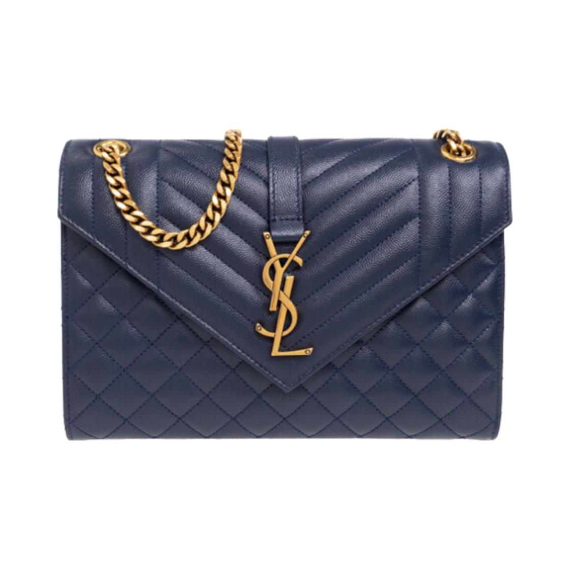 600185-BOW97-4227 Saint Laurent Envelope Medium Chain Bag in Mix Matelasse Grain De Poudre Embossed Leather Charron Blue