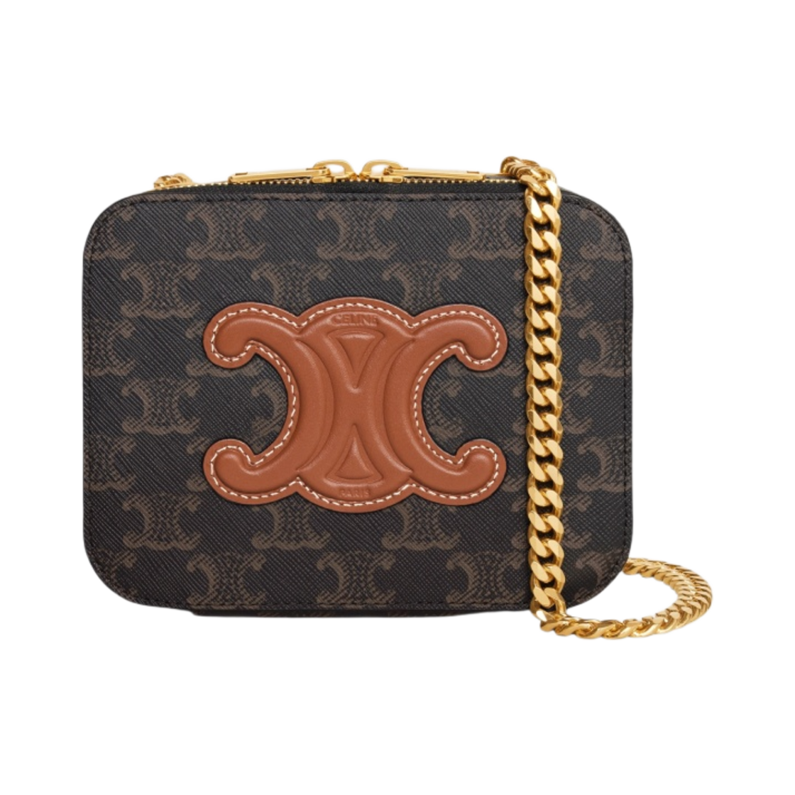 10L052EGP-04LU Celine Box on Chain Cuir Triomphe in Triomphe Canvas & Calfskin Tan
