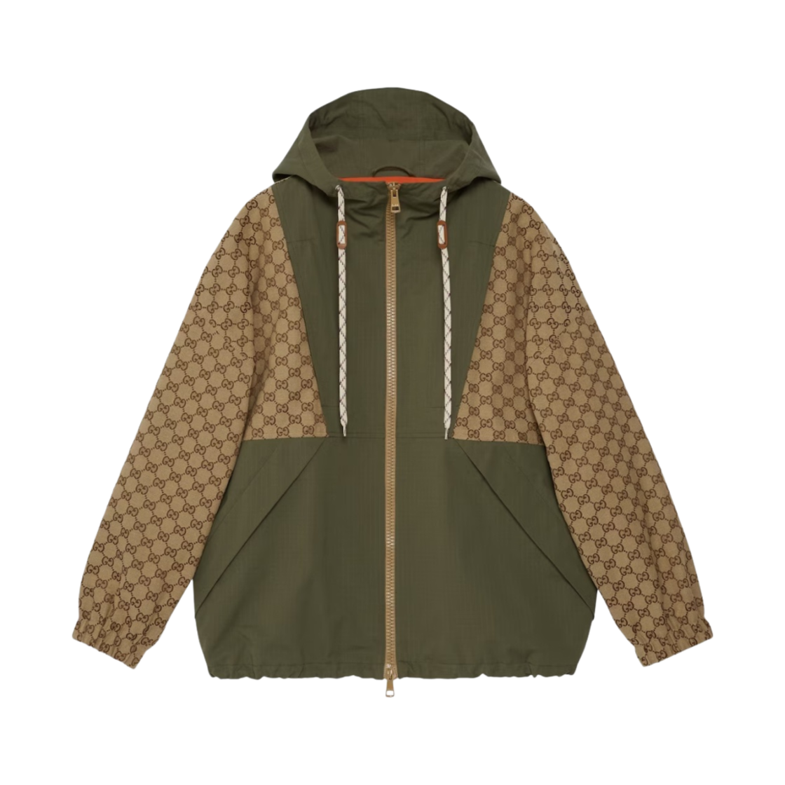 742813-Z8BIW-2190 Gucci GG Cotton Canvas Zip Jacket Green Camel Ebony