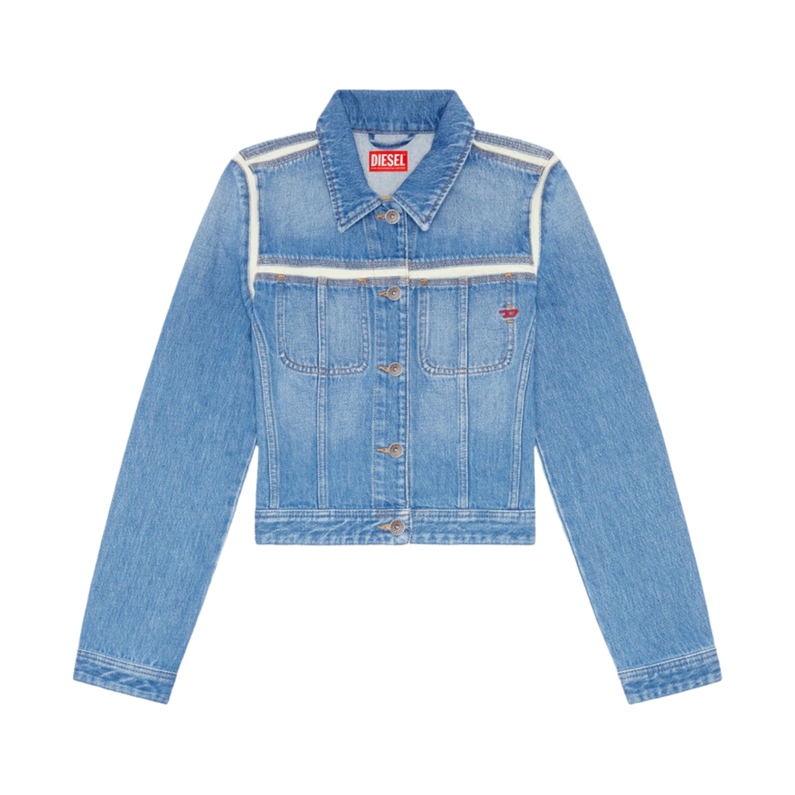 (W) 디젤 De-슬리미-Sp1 패널 슬림핏 트러커 자켓 라이트 블루((W) Diesel De-Slimmy-Sp1 Panelled Slim-Fit Trucker Jacket Light Blue) - 1