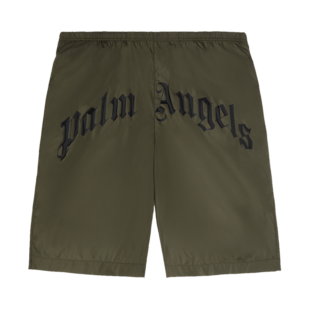 P8CMMA148 Palm Angels Curved Logo Swimshorts Military Green