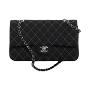 Chanel Classic Handbag Wool Tweed & Silver Black