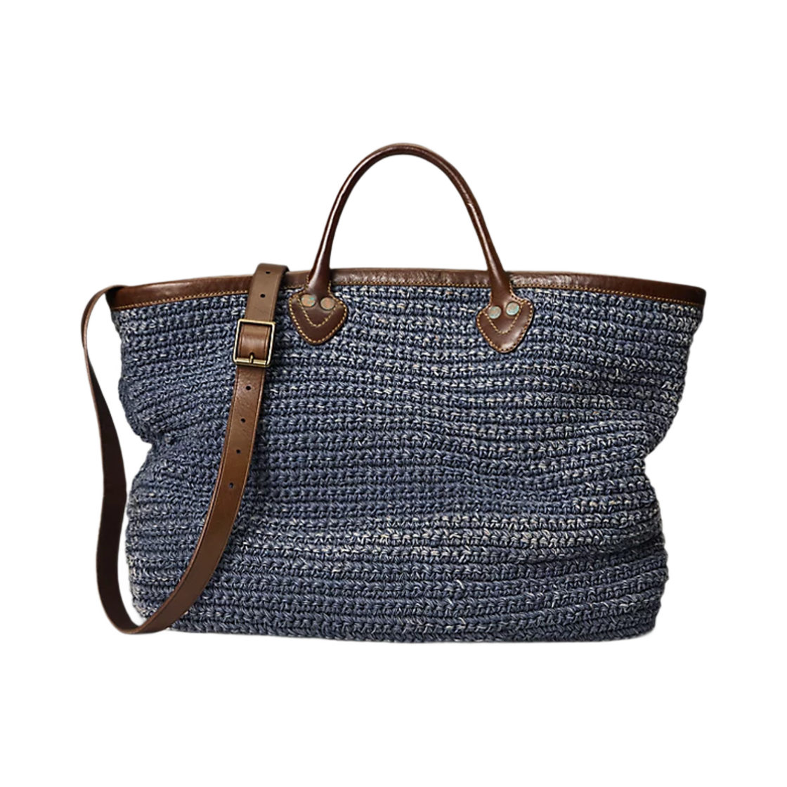 더블알엘 레더 트림 핸드우븐 인디고 토트 인디고 브라운(Double RL Leather Trim Handwoven Indigo Tote Indigo Brown)
