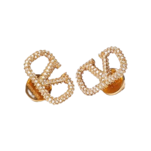 (W) Valentino Vlogo Signature Earrings in Metal and Swarovski Crystals Gold