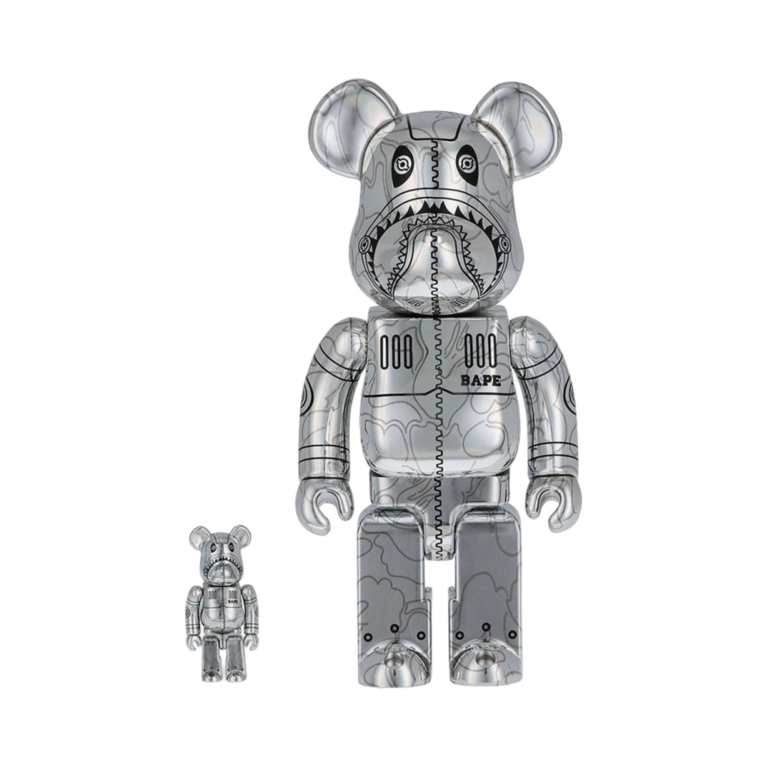 베어브릭 x 베이프 x 하지메 소라야마 카모 샤크 100% & 400% 세트 실버(Bearbrick x BAPE x Hajime Sorayama Camo Shark 100% & 400% Set Silver) - 1
