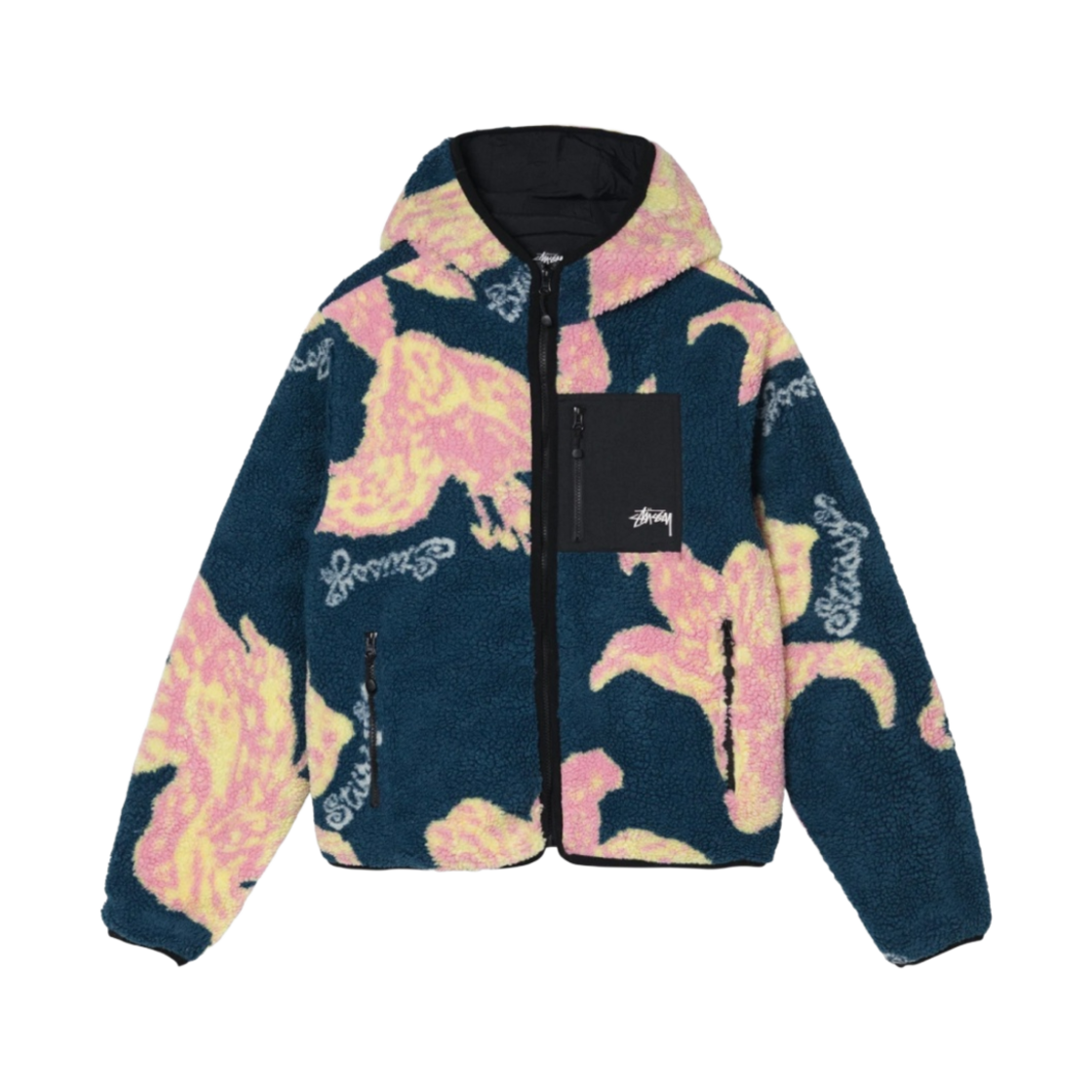 118482 Stussy Floral Sherpa Hood Jacket Dark Teal