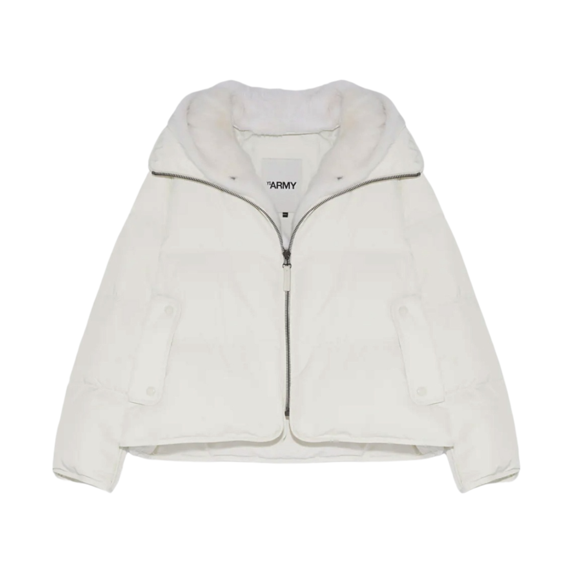 (W) 이브 살로몬 테크니컬 패브릭 롱 헤어 밍크 후드 빕 라인 다운 자켓 화이트((W) Yves Salomon Line Down Jacket in Technical Fabric with Long-Haired Mink Hooded Bib White)