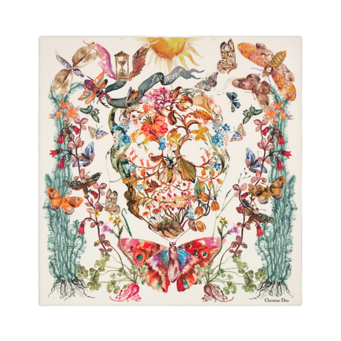 (W) 디올 라 모트 타로 70 스퀘어 스카프 화이트 멀티컬러 실크 트윌((W) Dior La Mort Tarot 70 Square Scarf White Multicolor Silk Twill)