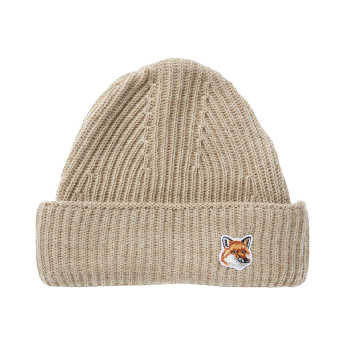 HU06149KT1022-P220 Maison Kitsune Fox Head Patch Ribbed Beanie Beige