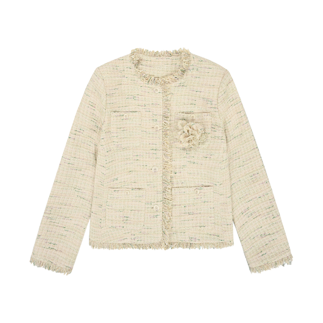 FLETTA-40 FLETTA Fringe Tweed Jacket with Corsage Cream