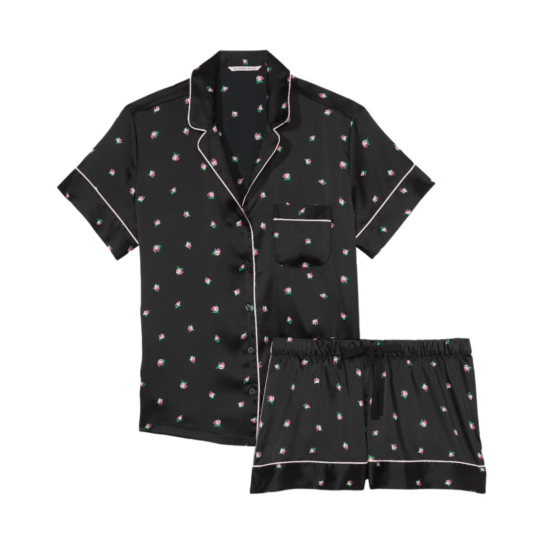 (W) 빅토리아 시크릿 사틴 숏 파자마 세트 블랙 로즈버즈((W) Victoria's Secret Satin Short Pajama Set Black Rosebuds)