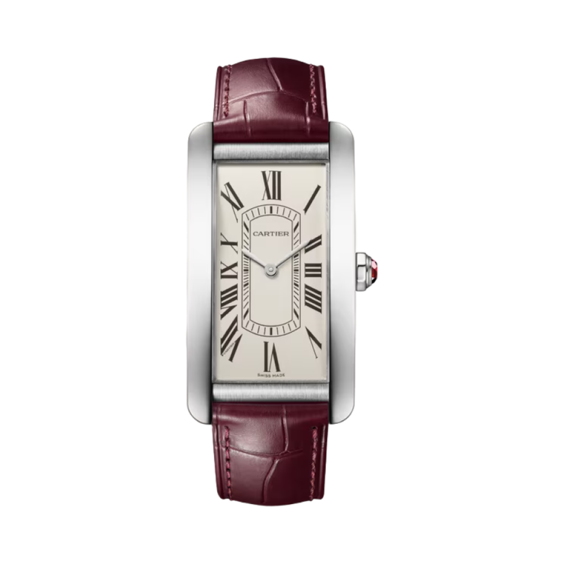 WGTA0296 Cartier Tank Americaine Watch Mini Quartz White Gold Platinum Semi Matte Alligator Skin Burgundy