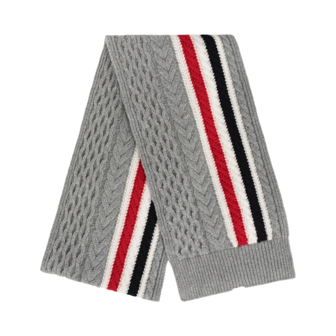 톰브라운 메리노 아란 케이블 스트라이프 스카프 라이트 그레이(Thom Browne Merino Aran Cable Stripe Scarf Light Grey) - 2