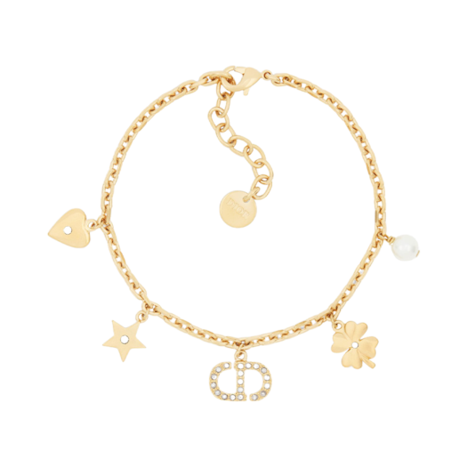 (W) Dior Petit CD Lucky Charms Bracelet Gold Finish Metal White Resin Pearl Silver Tone Crystals