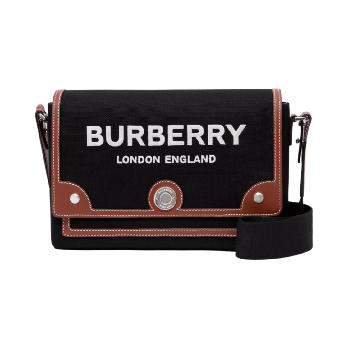 버버리 호스페리 모티프 캔버스 노트 크로스바디백 블랙 탄(Burberry Horseferry Motif Canvas Note Crossbody Bag Black Tan) - 1
