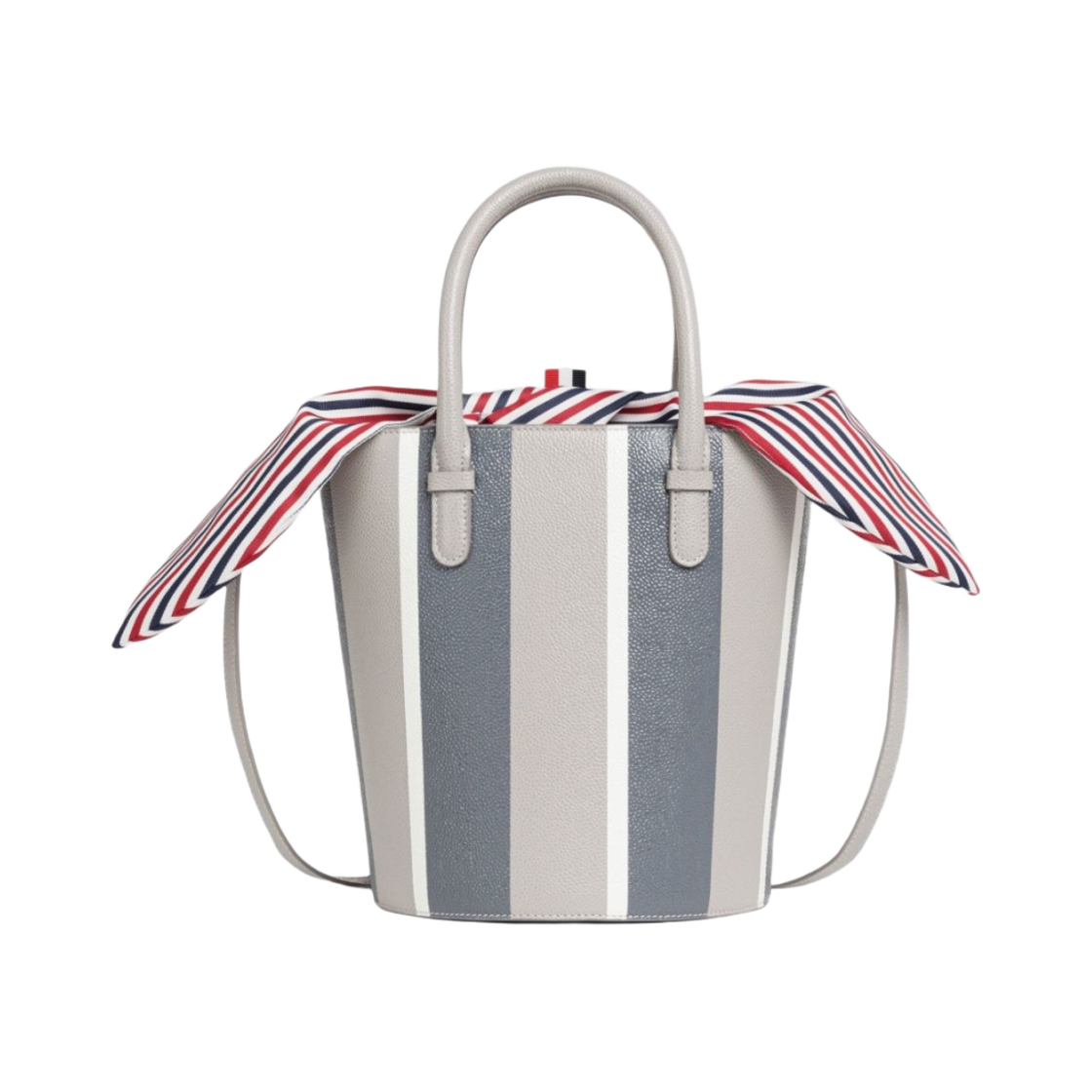 FAP393A-L0018-035 Thom Browne Stripe Pebble Grain Crossbody Bucket Bag Medium Grey