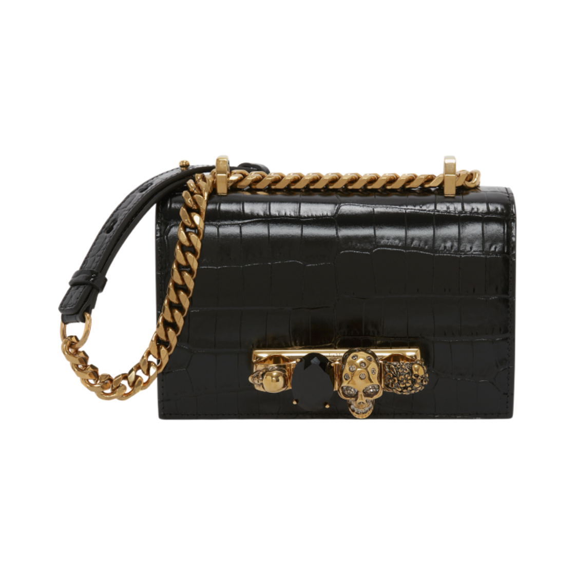 6531341HB0T1001 Alexander McQueen Mini Jeweled Satchel Bag Black Gold