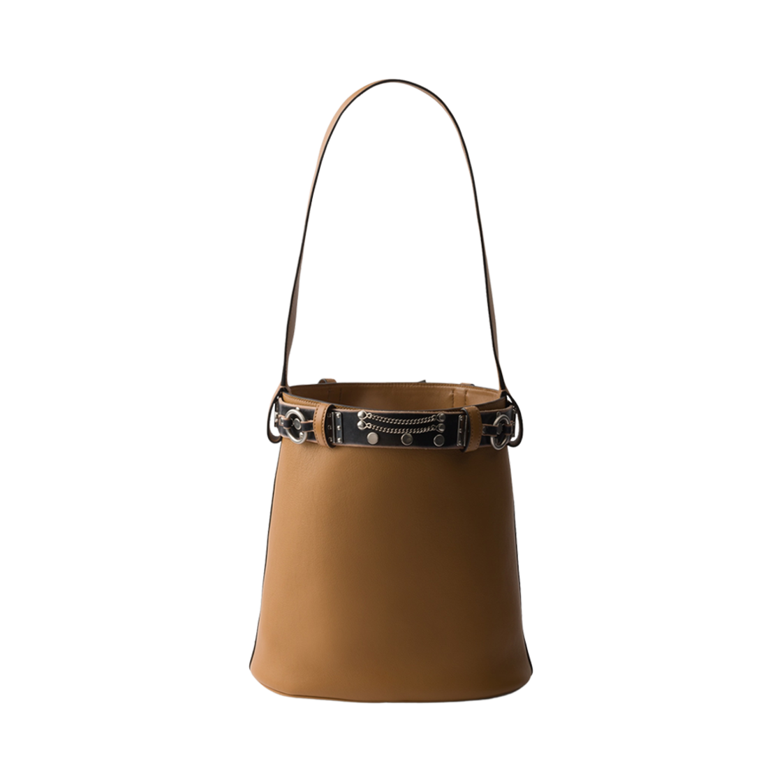 프라다 버클 레더 버킷백 스터디드 벨트 카라멜 블랙(Prada Buckle Leather Bucket Bag with Studded Belt Caramel Black) - 2
