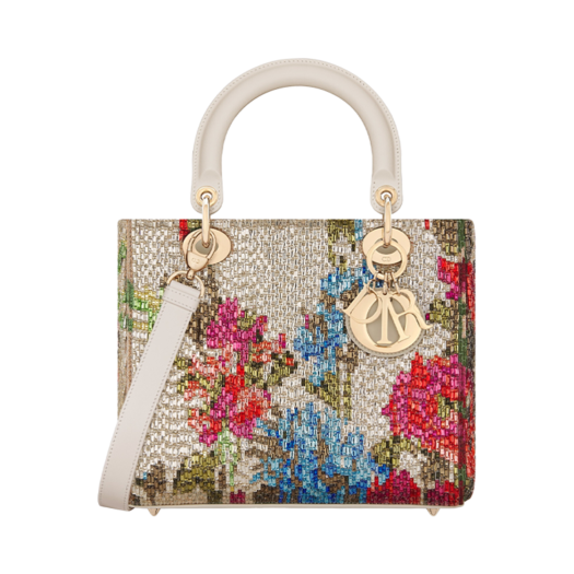 Dior Medium Lady D-Lite Bag Embroidery Multicolor Blurred Flowers Coral Motif Glass Bugle Beads